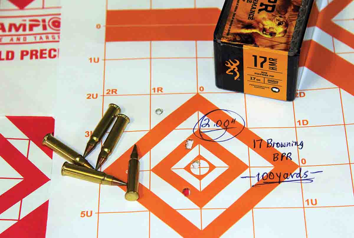 Browning’s BPR Polymer Tip assembled to worst group of the 17-grain 17 HMR ammunitions, measuring an even 2 inches across and sent at 2,671 fps.